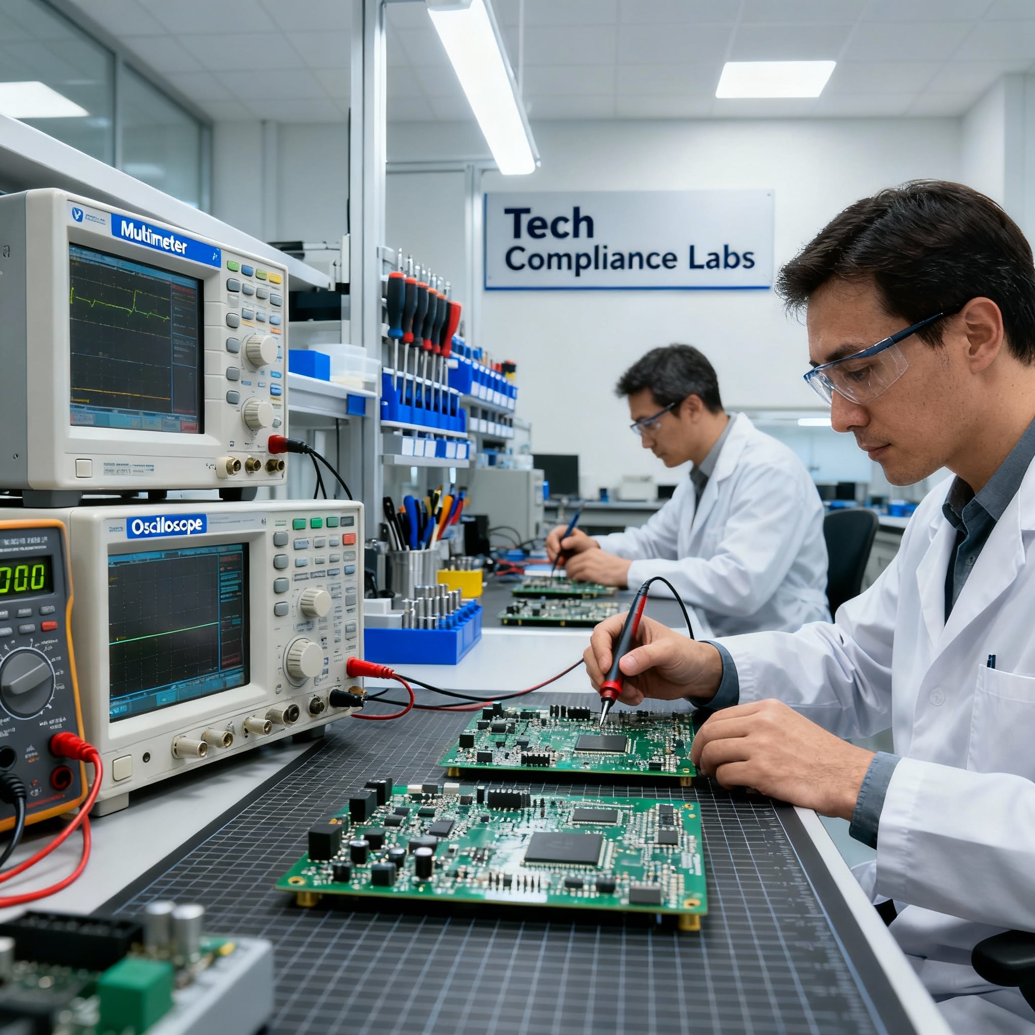 Hardware compliance testing laboratory with engineers inspecting electronic circuit boards and using advanced test equipment in a clean, professional environment.