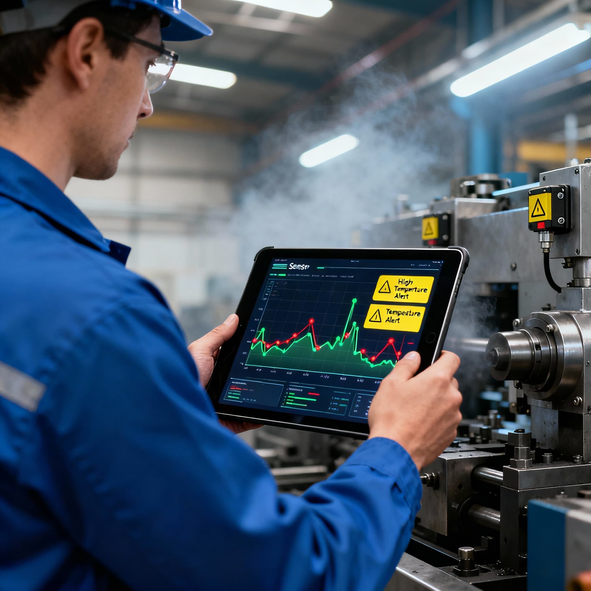 Industrial engineer standing in a factory, using a tablet to monitor predictive maintenance data from machine sensors, with real-time graphs and maintenance alerts visible on the screen.