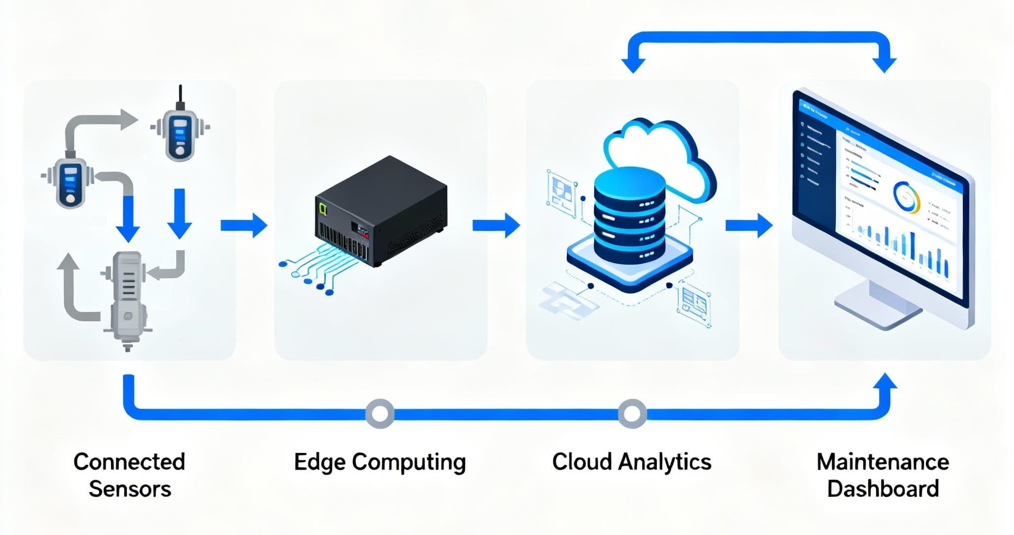 A high-level IoT predictive maintenance architecture showing connected industrial sensors gathering data from machines, processing at the edge, transmitting to the cloud for advanced analytics, and visualized through a maintenance monitoring dashboard.