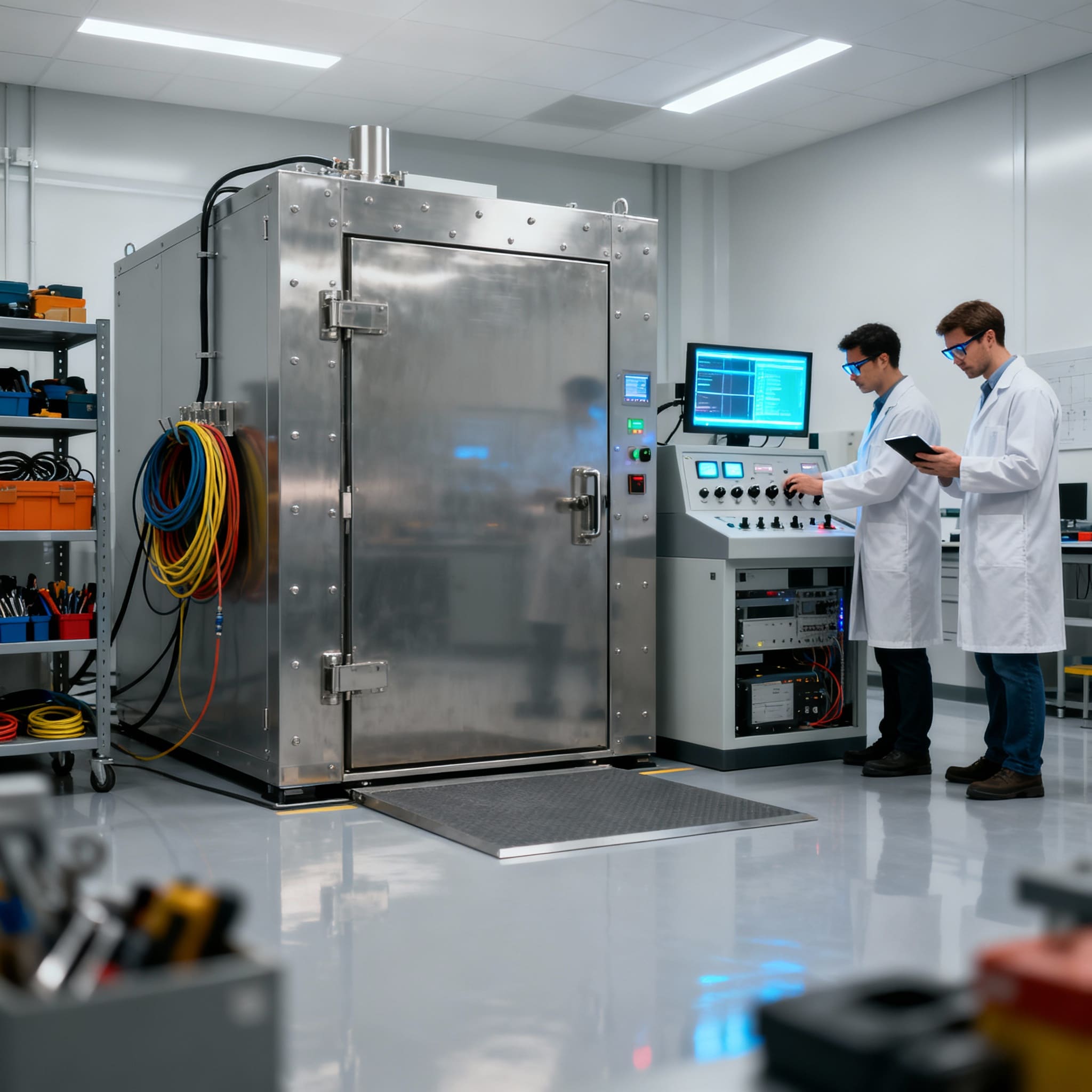 A photo of an EMC testing laboratory featuring a shielded test chamber with engineers performing electromagnetic compatibility tests on electronic equipment in a clean, professional environment.