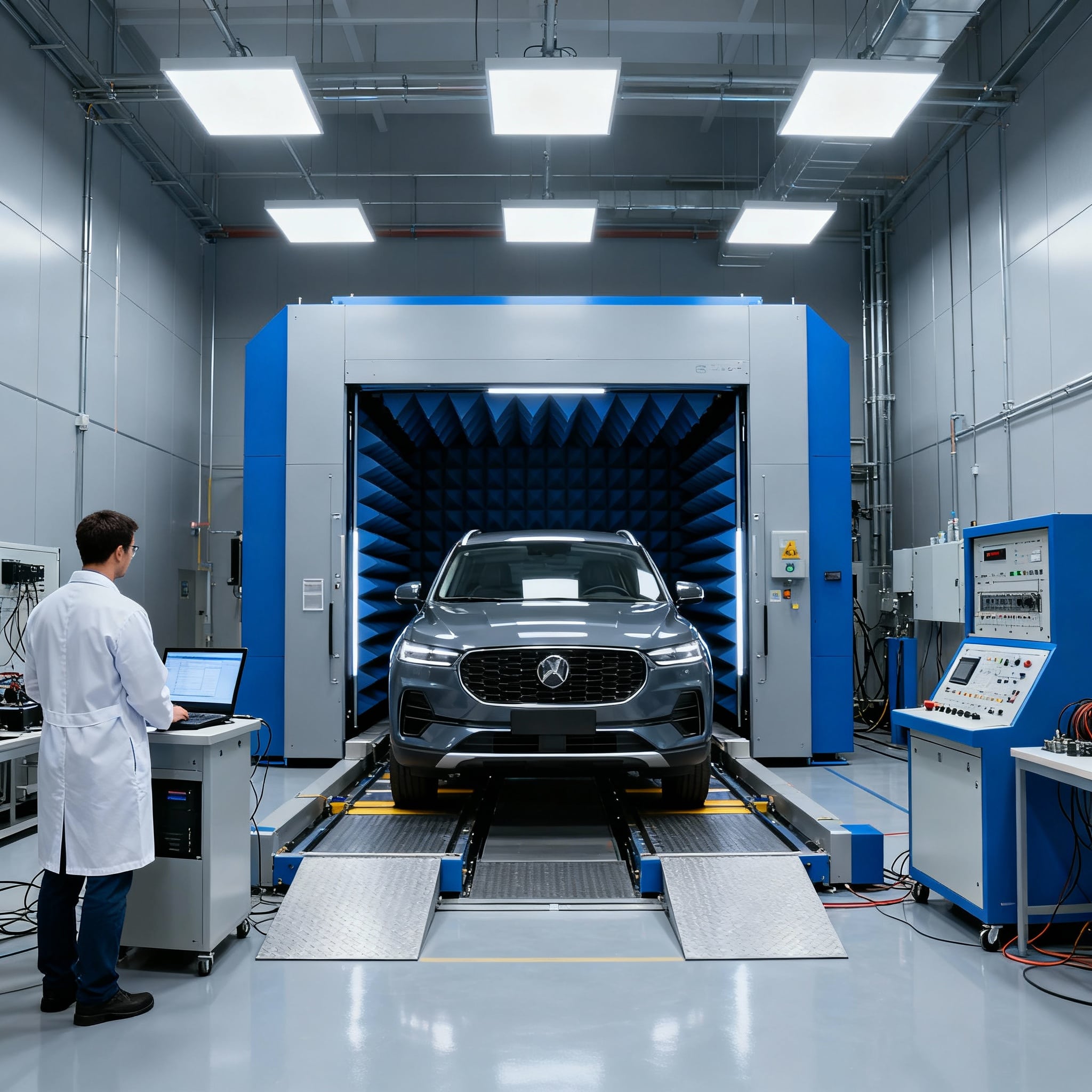 Modern automotive EMC testing laboratory featuring a full vehicle test chamber with engineers monitoring vehicle systems and electronic devices in a clean, advanced professional setting.